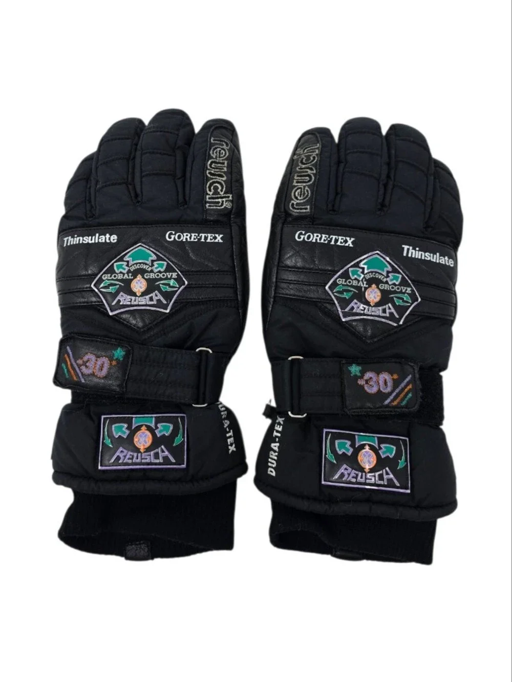 Vintage Reusch Leather Ski Gloves Global Groove Patches Size 7 1/2 Adult Small